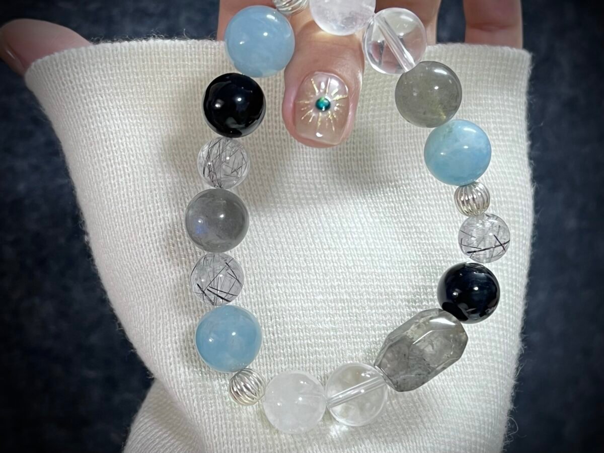 Rat Zodiac Bracelet with Aquamarine and Obsidian