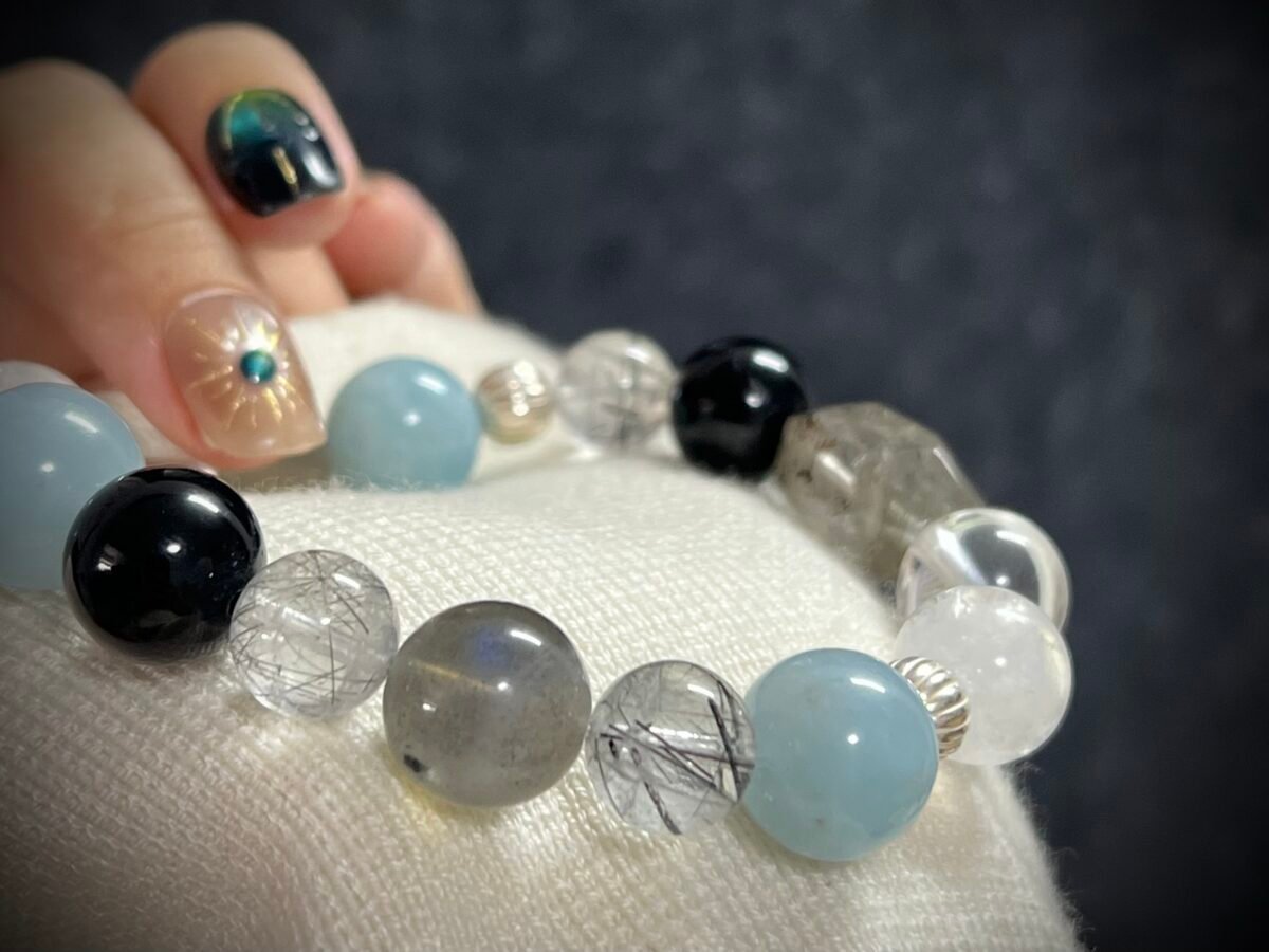 Rat Zodiac Bracelet with Aquamarine and Obsidian