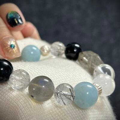 Rat Zodiac Bracelet with Aquamarine and Obsidian