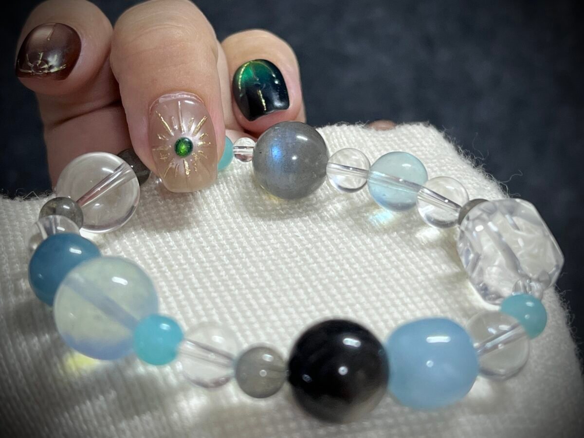 Rat Zodiac Bracelet with Aquamarine and Obsidian