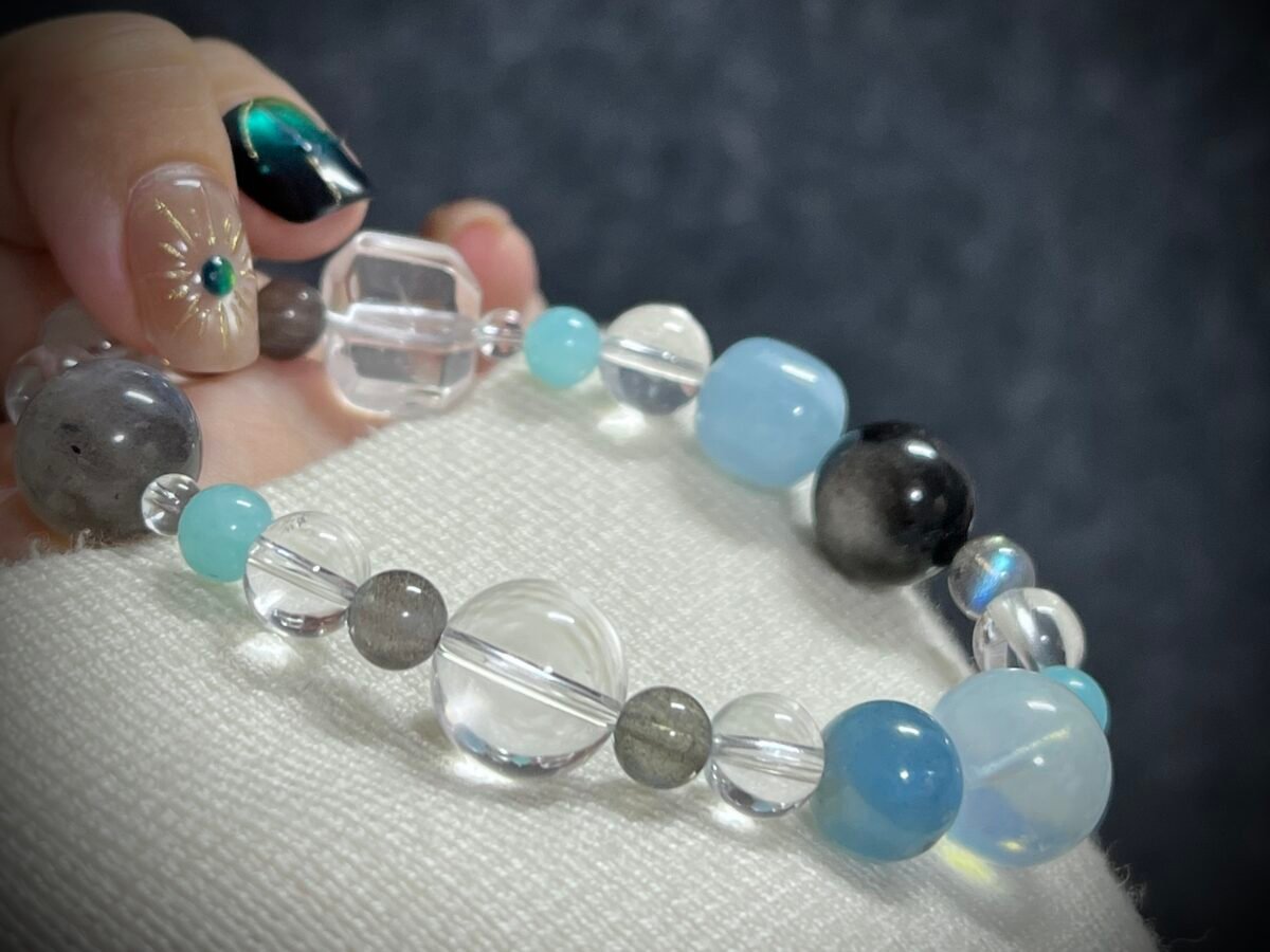 Rat Zodiac Bracelet with Aquamarine and Obsidian