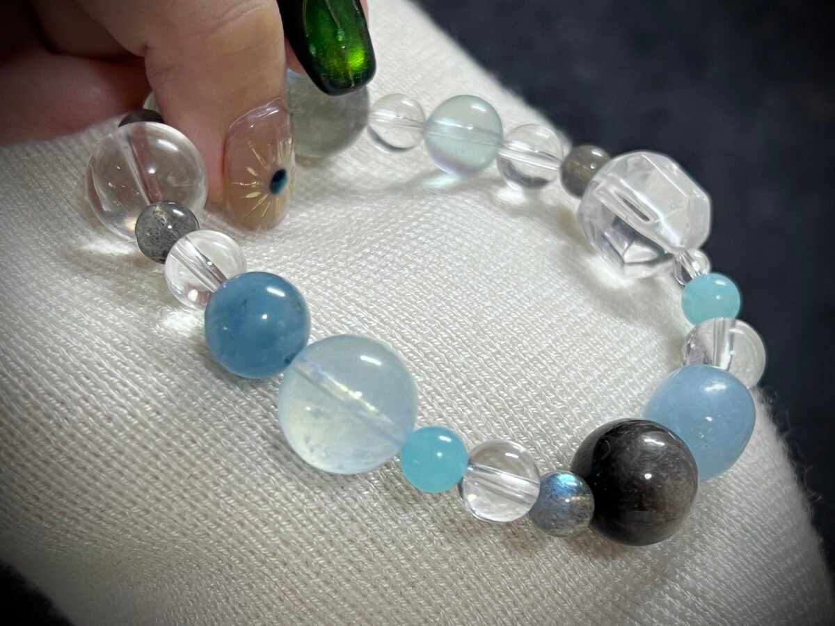 Rat Zodiac Bracelet with Aquamarine and Obsidian